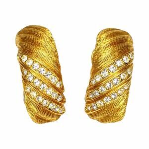 Christian Dior Gold Tone Clip-On Earrings Textured with Crystals Vintage Stamped